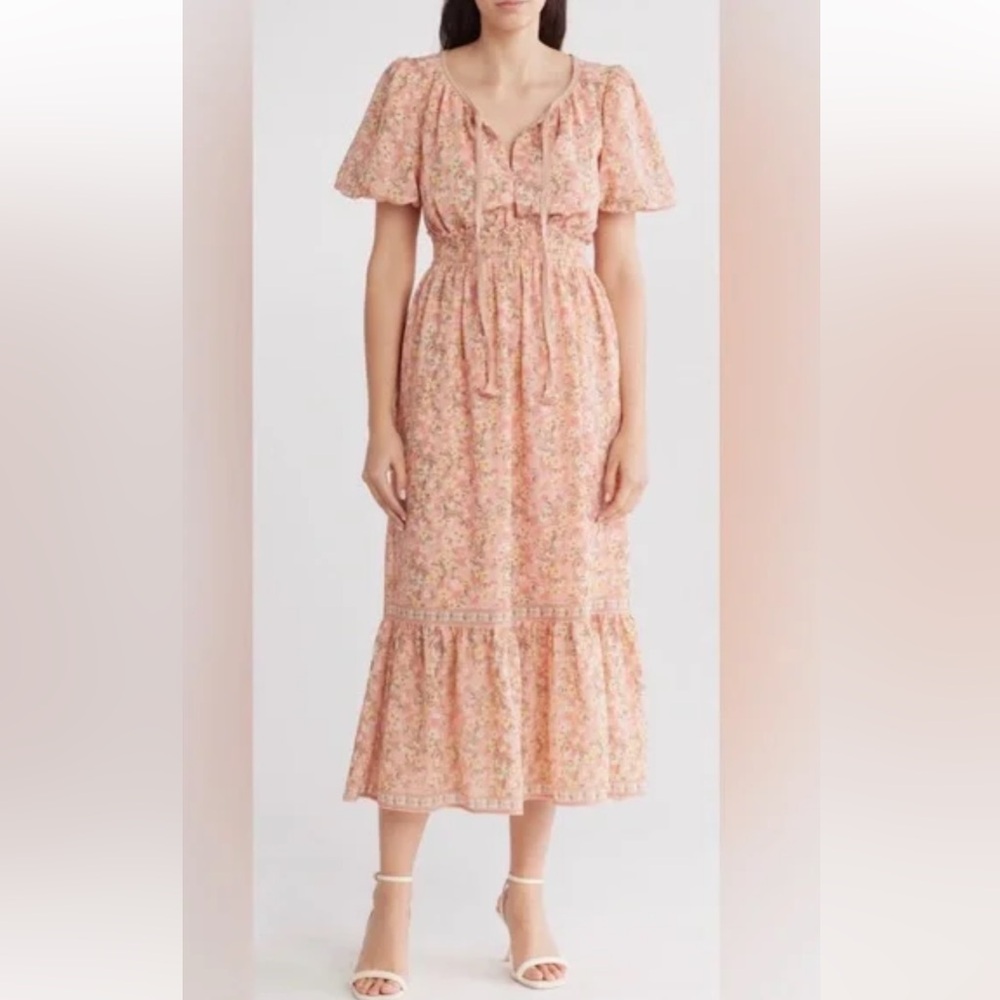 Max‎ Studio Bubble short Sleeve floral Tiered Maxi Dress